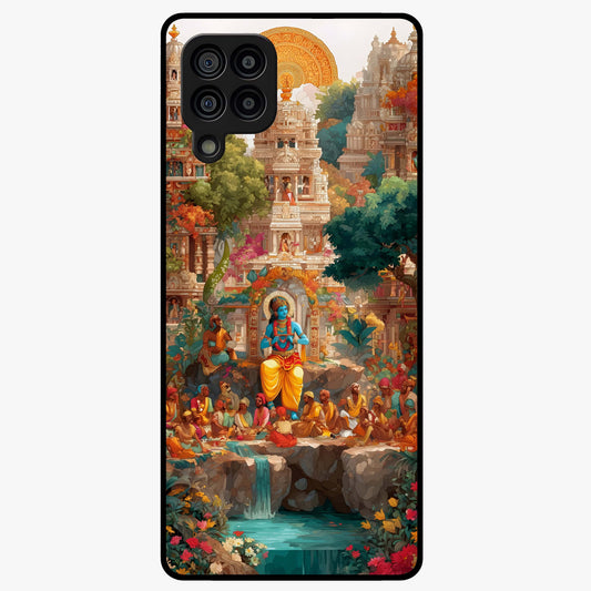 Sacred Sunlight Gods Glass Case showing flat back view with divine sunlight themed artwork and glossy glass finish.