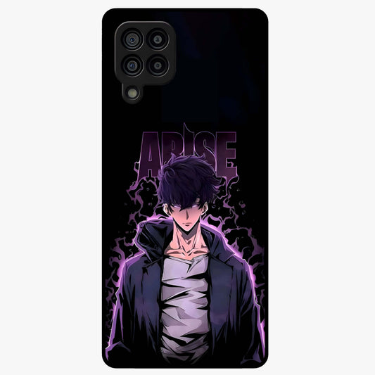 Shadow Monarch Awakening Glass Case showing flat back view with powerful dark monarch themed artwork and glossy glass finish.