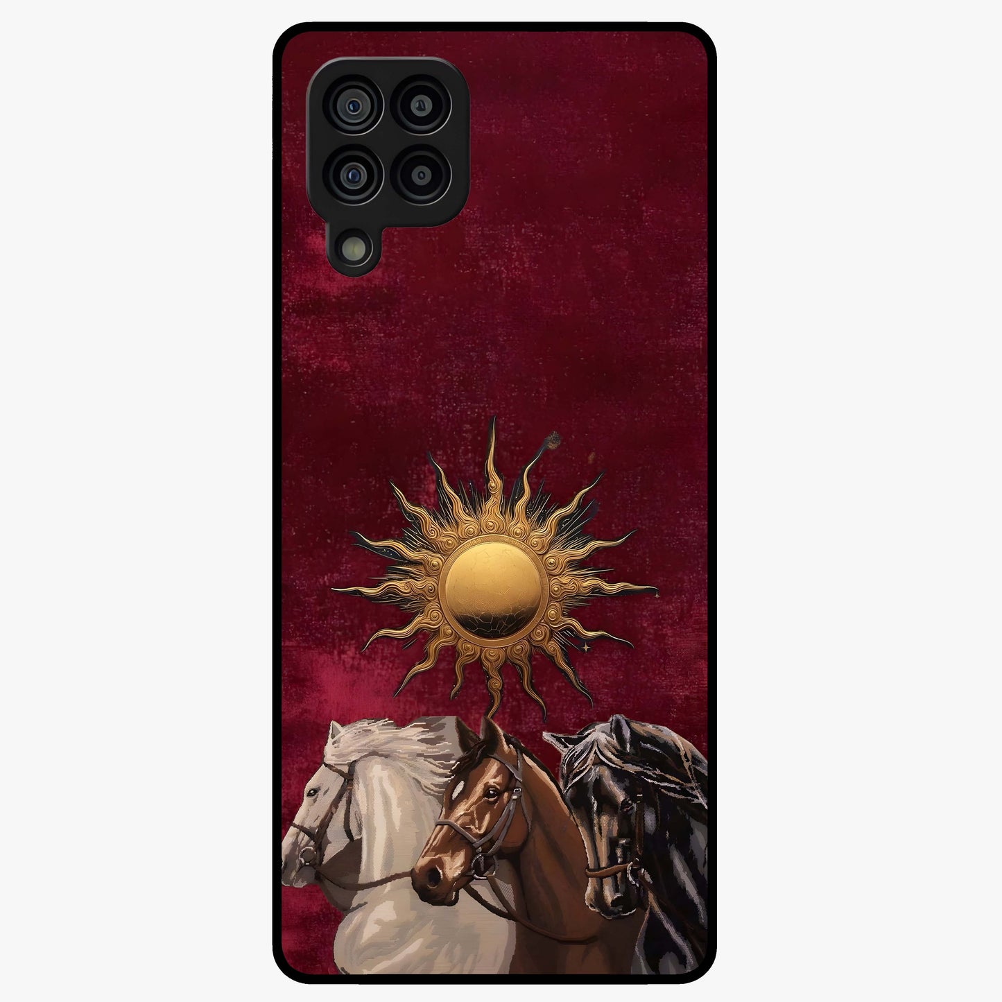Solar Riders Glass Case showing flat back view with dynamic rider themed artwork and glossy glass finish.