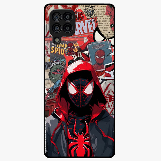 Spider Collage Street Glass Case showing flat back view with vibrant superhero collage artwork and glossy glass finish.