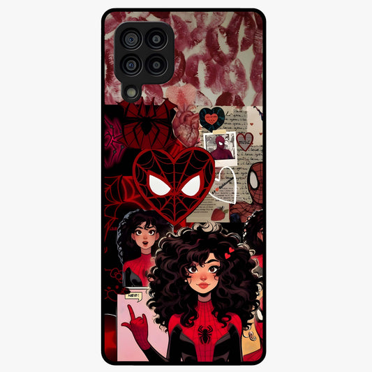 Spider Love Story Glass Case showing flat back view with romantic superhero themed artwork and glossy glass finish.