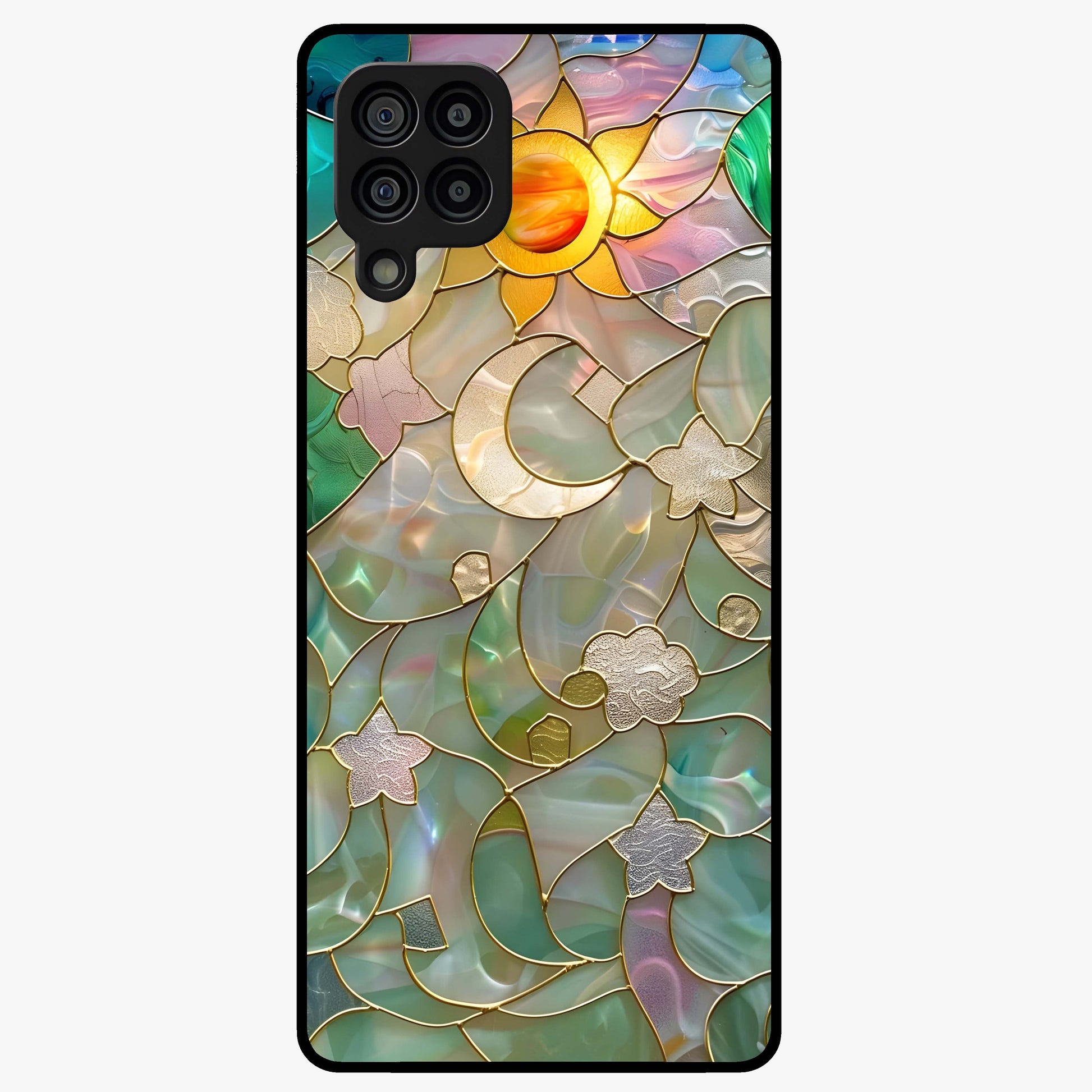 Stained Sunrise Glow Glass Case showing flat back view with glowing sunrise stained pattern artwork and glossy glass finish.