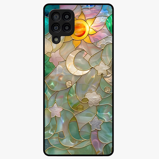 Stained Sunrise Glow Glass Case showing flat back view with glowing sunrise stained pattern artwork and glossy glass finish.