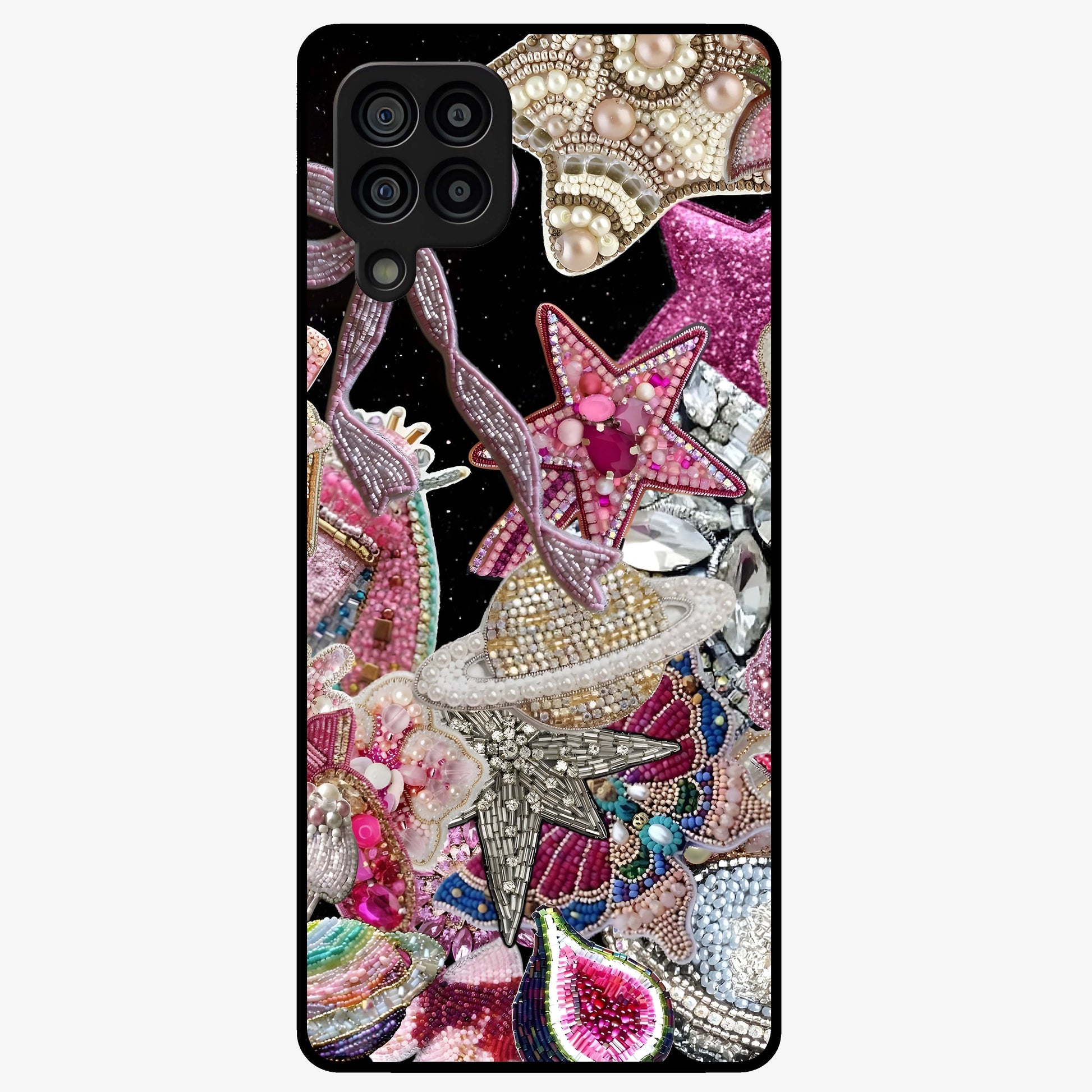 Starlit Jewel Dream Glass Case showing flat back view with sparkling jewel and star themed artwork and glossy glass finish.
