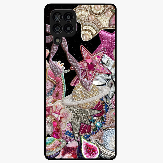 Starlit Jewel Dream Glass Case showing flat back view with sparkling jewel and star themed artwork and glossy glass finish.