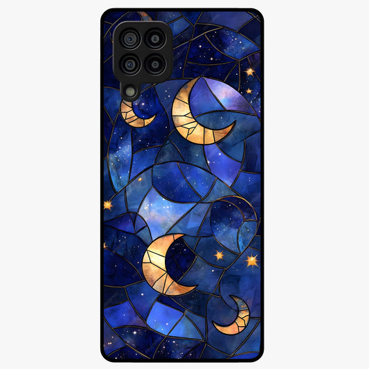 Starlit Sky Tapestry Glass Case showing flat back view with decorative starry sky tapestry artwork and glossy glass finish.