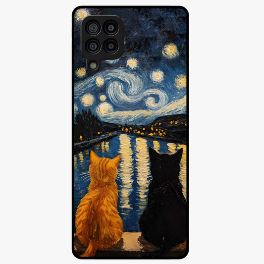 Starry River Cats Glass Case showing flat back view with cats by a starry river artwork and glossy glass finish.