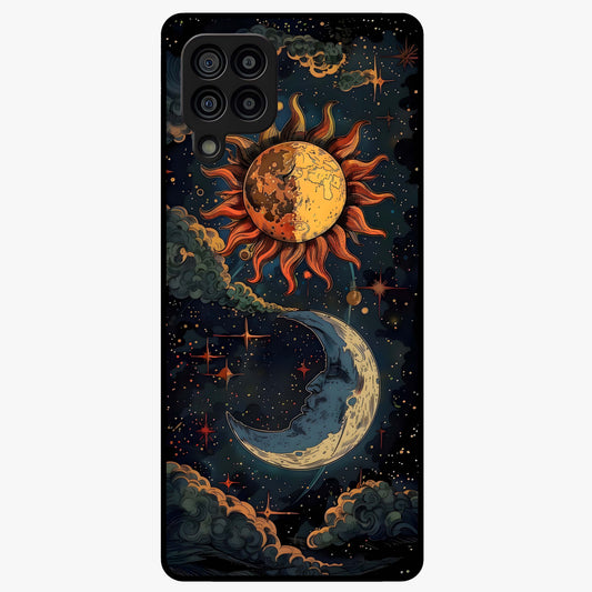 Sun And Moon Magic Design Glass Case showing flat back view with mystical sun and moon artwork and glossy glass finish.