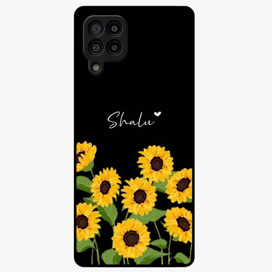 Sunflower Chic Mood Custom Name Glass Case showing flat back view with stylish sunflower artwork and personalized name design.