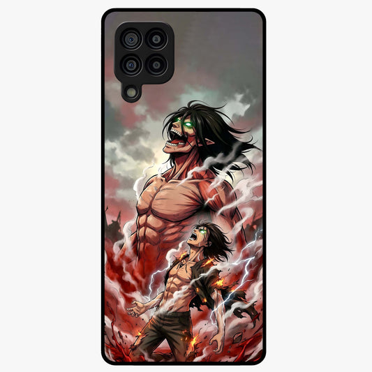 Titan Awakening Fury Glass Case showing flat back view with powerful titan inspired artwork and glossy glass finish.
