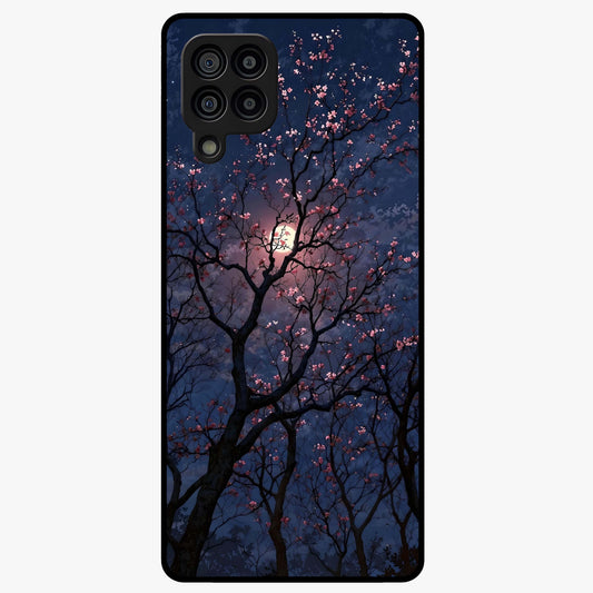 Twilight Sakura Serenade Glass Case showing flat back view with cherry blossom artwork at twilight and glossy glass finish.