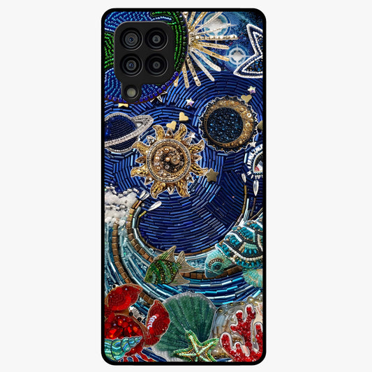 Universe Underwater Spark Glass Case showing flat back view with cosmic underwater themed artwork and glossy glass finish.