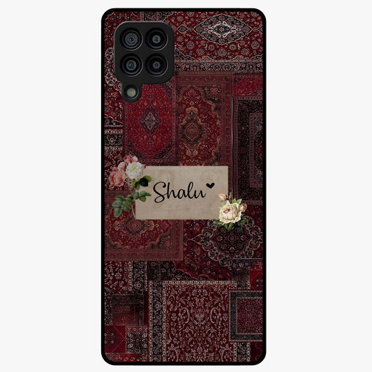 Velvet Wine Pattern Custom Name Glass Case showing flat back view with elegant wine colored pattern artwork and personalized name design.