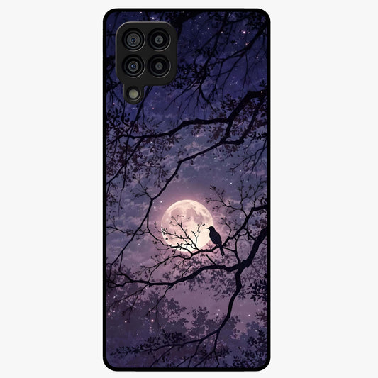 Whispering Moon Silence Glass Case showing flat back view with serene moon themed artwork and glossy glass finish.