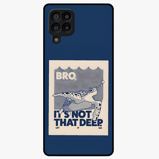 Worry Less Swim Glass Case showing flat back view with playful motivational artwork and glossy glass finish.