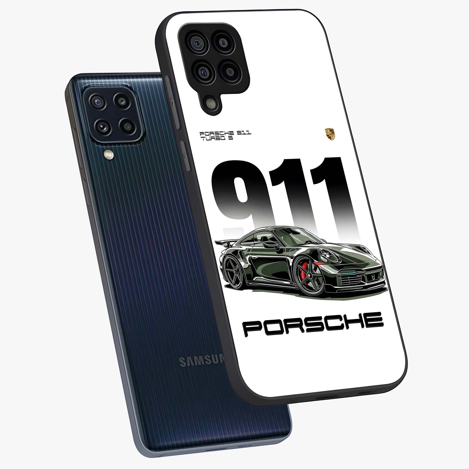 911 Turbo Dominance Glass Case displayed in premium angled mockup highlighting sporty car illustration and sleek glass surface.