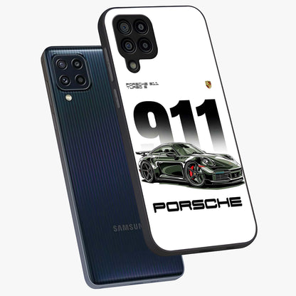 911 Turbo Dominance Glass Case displayed in premium angled mockup highlighting sporty car illustration and sleek glass surface.
