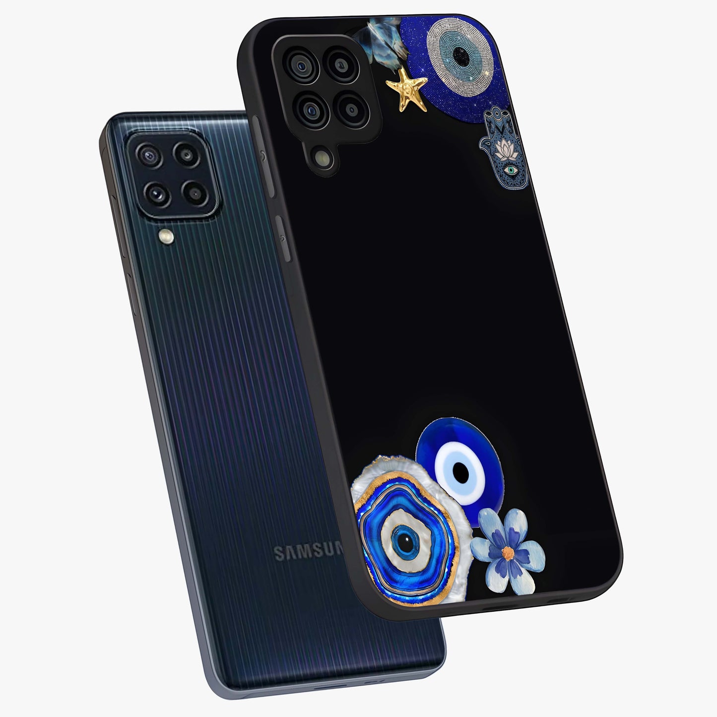 Aesthetic Blue Evil Eye Glass Case displayed in angled mockup highlighting blue evil eye symbol and spiritual aesthetic design.