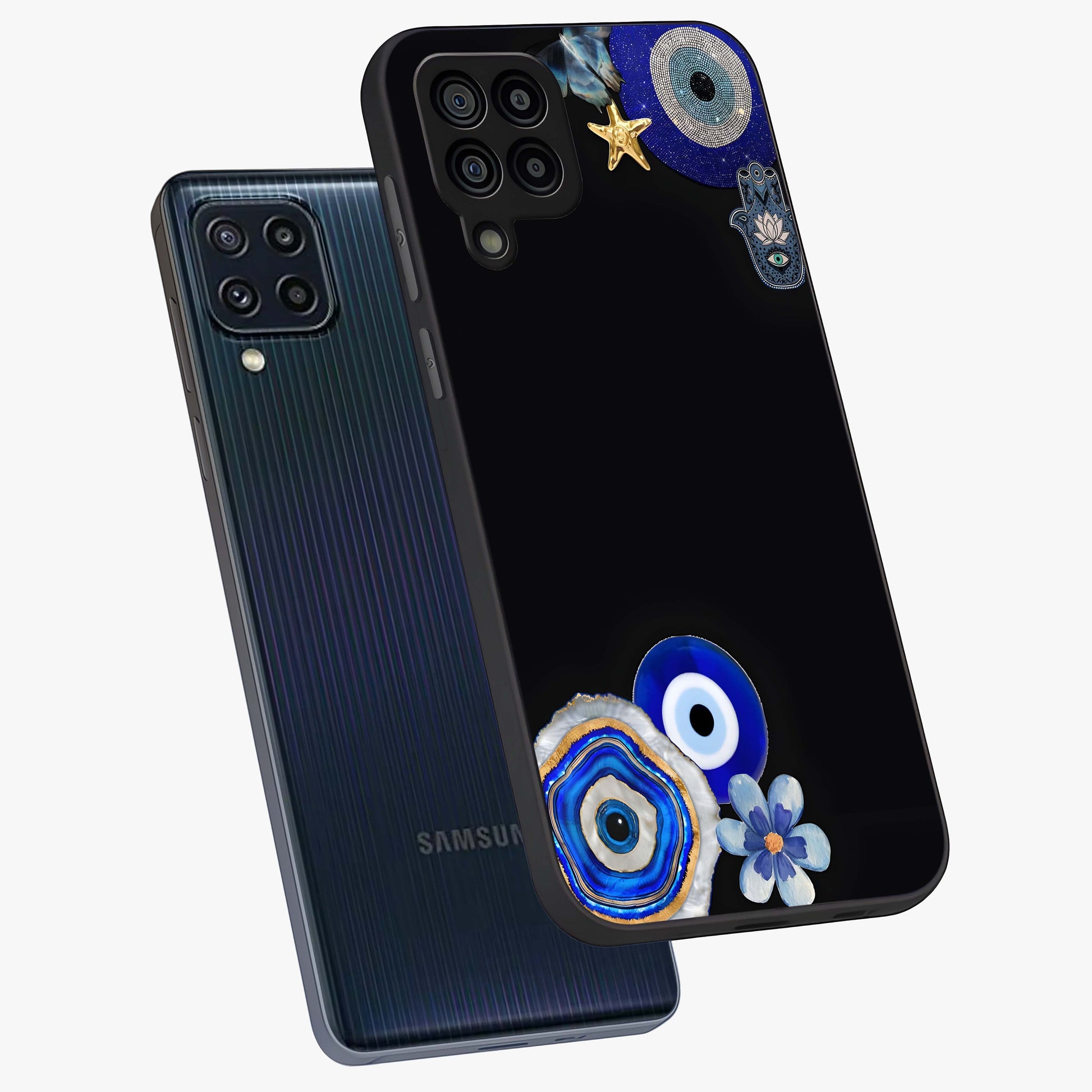 Aesthetic Blue Evil Eye Glass Case displayed in angled mockup highlighting blue evil eye symbol and spiritual aesthetic design.