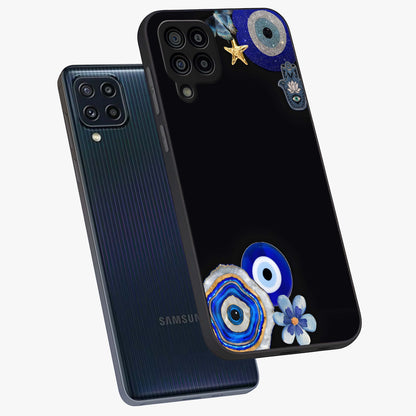 Aesthetic Blue Evil Eye Glass Case displayed in angled mockup highlighting blue evil eye symbol and spiritual aesthetic design.