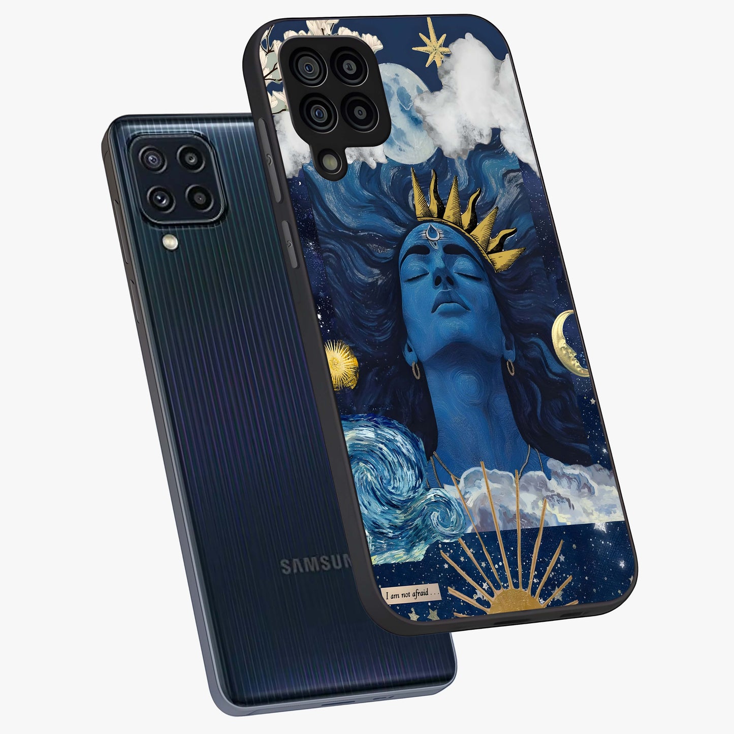Aesthetic Lord Shiva Glass Case displayed in angled mockup highlighting spiritual Shiva illustration and sacred aesthetic design.