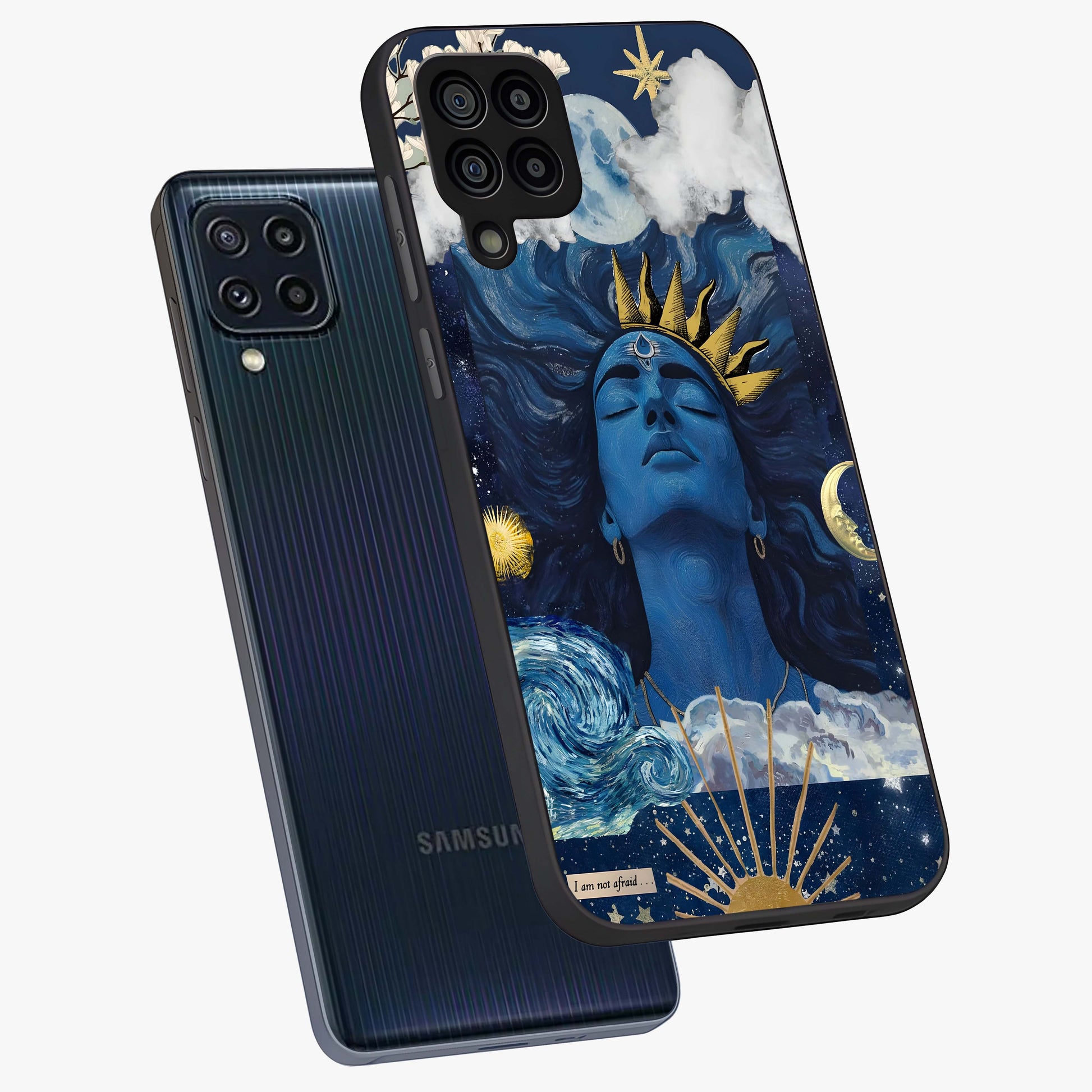 Aesthetic Lord Shiva Glass Case displayed in angled mockup highlighting spiritual Shiva illustration and sacred aesthetic design.