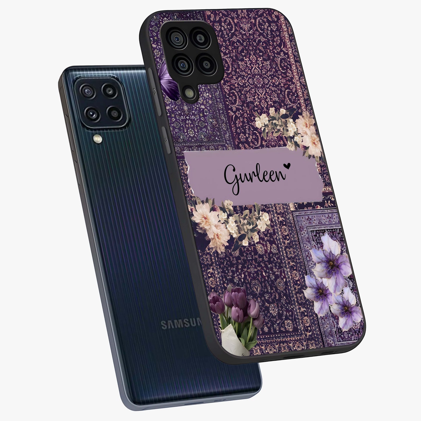 Antique Floral Whisper Custom Name Glass Case displayed in angled mockup highlighting elegant antique floral aesthetic.
