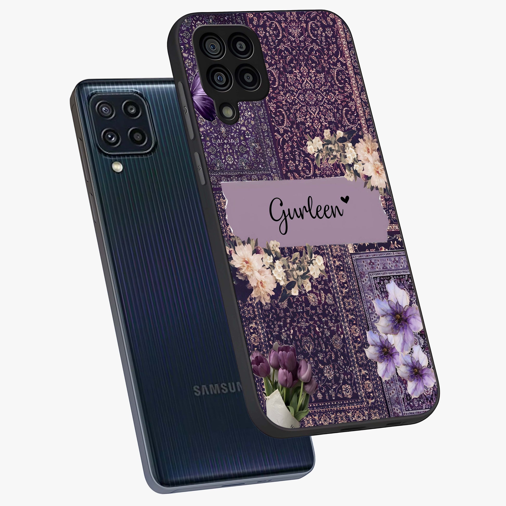 Antique Floral Whisper Custom Name Glass Case displayed in angled mockup highlighting elegant antique floral aesthetic.