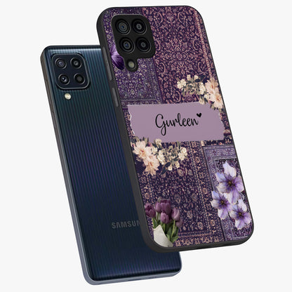 Antique Floral Whisper Custom Name Glass Case displayed in angled mockup highlighting elegant antique floral aesthetic.