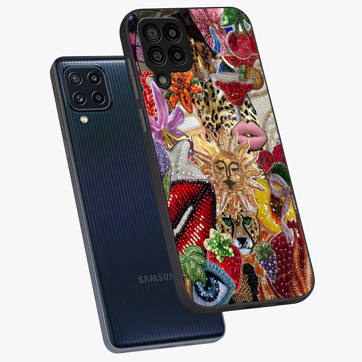 Beaded Fashion Jungle Glass Case displayed in angled mockup highlighting colorful fashion bead design and artistic pattern.