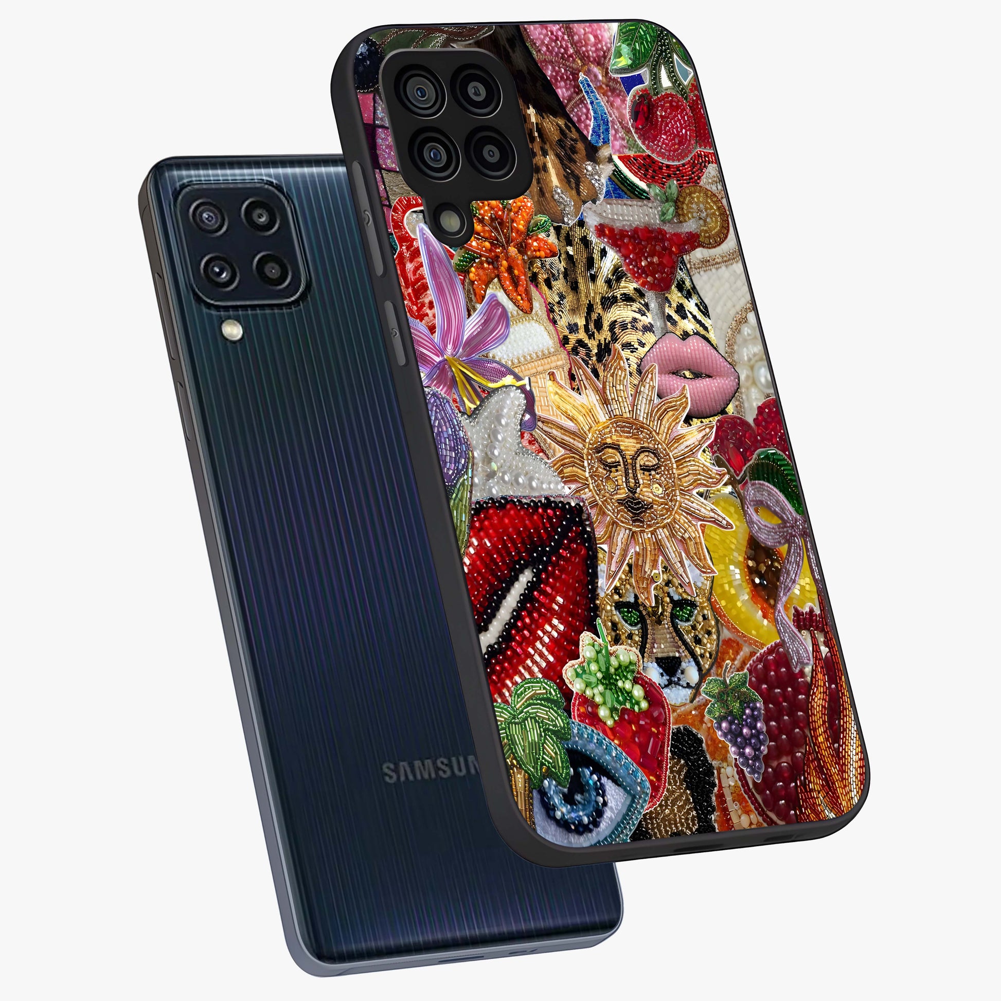 Beaded Fashion Jungle Glass Case displayed in angled mockup highlighting colorful fashion bead design and artistic pattern.