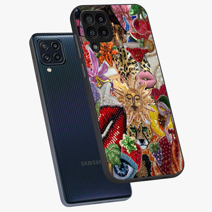Beaded Fashion Jungle Glass Case displayed in angled mockup highlighting colorful fashion bead design and artistic pattern.