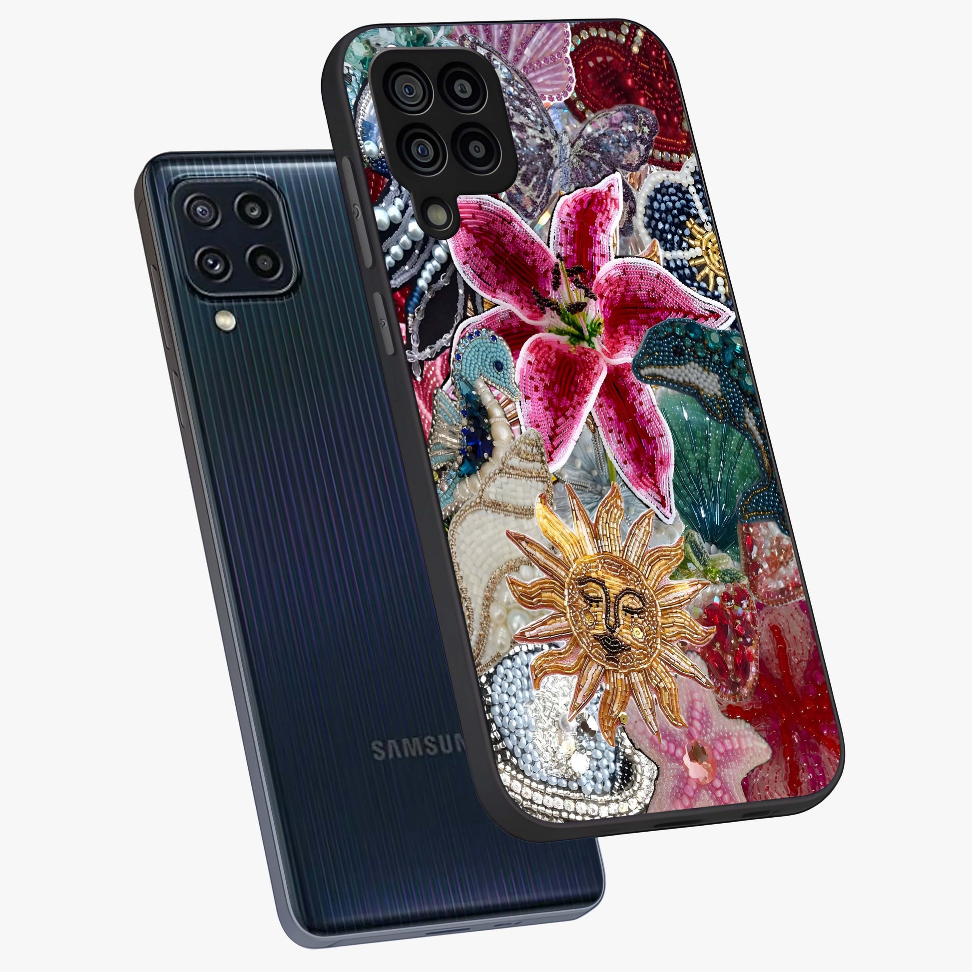 Beaded Garden Fantasy Glass Case displayed in angled mockup highlighting fantasy inspired floral bead pattern.