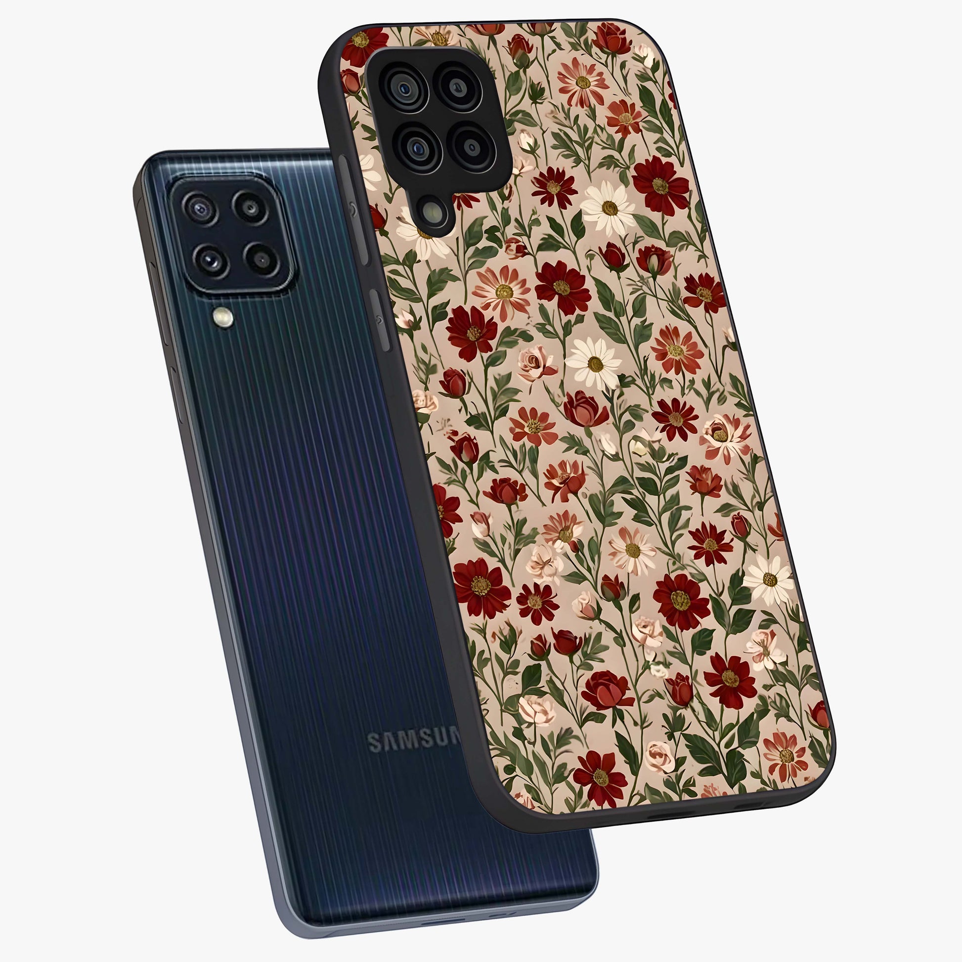 Biege Flower With Leaf Glass Case displayed in angled mockup highlighting minimal floral leaf design and elegant aesthetic.