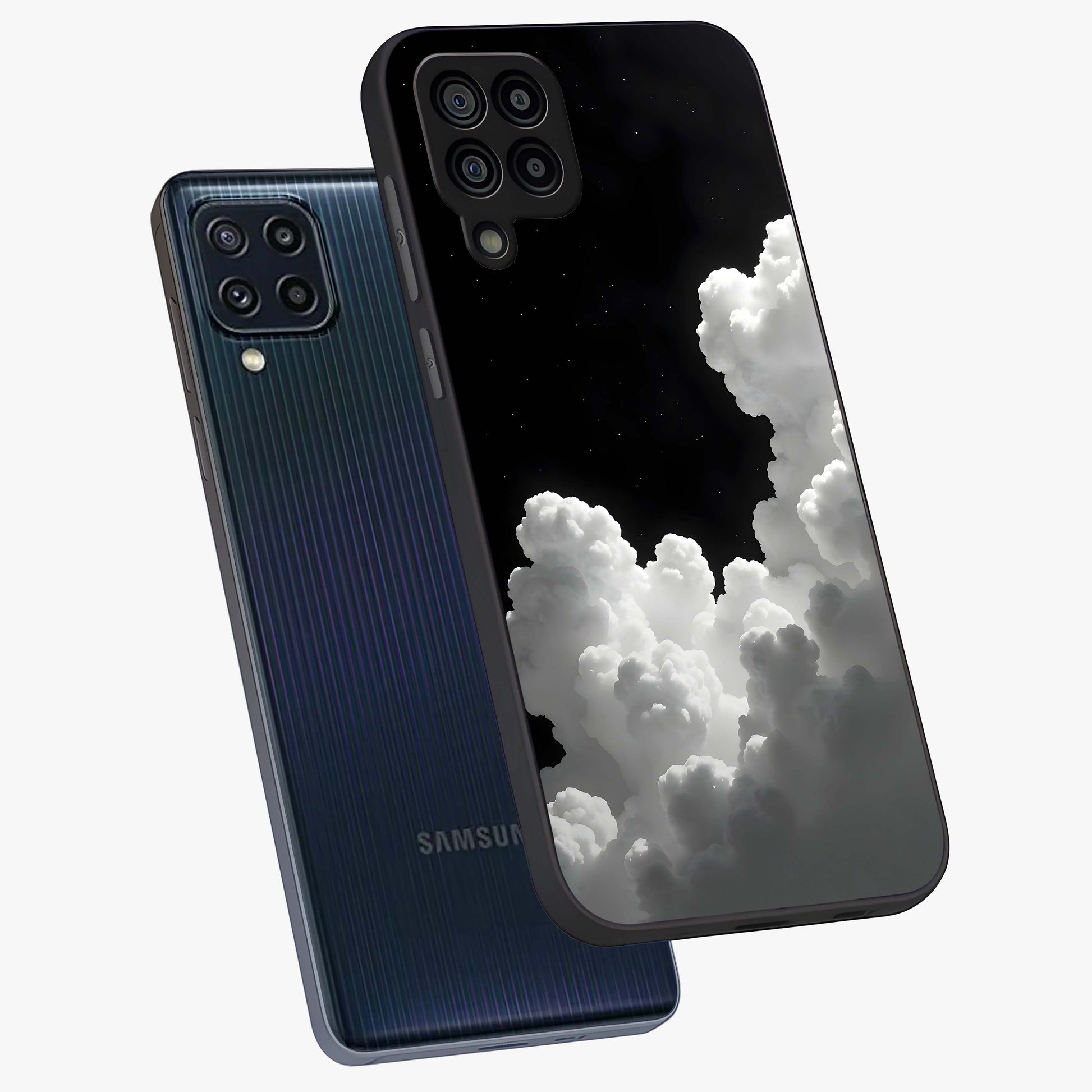 Black Background With White Cloud Glass Case displayed in angled mockup highlighting soft white cloud illustration and minimal design.