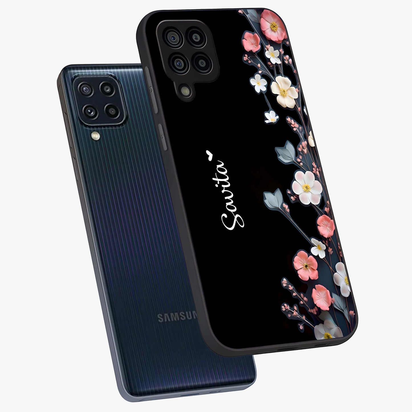 Black Elegance Floral Custom Name Glass Case displayed in angled mockup highlighting dark floral aesthetic and custom name feature.