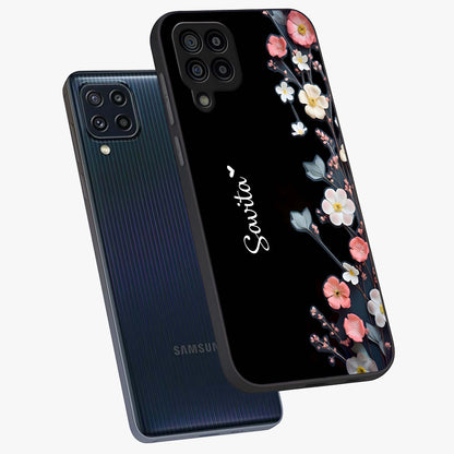 Black Elegance Floral Custom Name Glass Case displayed in angled mockup highlighting dark floral aesthetic and custom name feature.