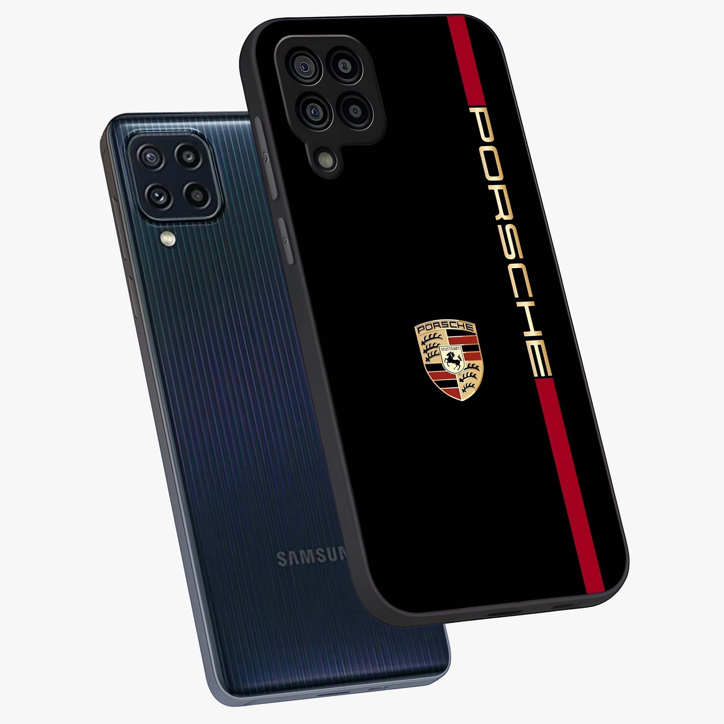 Black Minimal Porsche Glass Case displayed in angled mockup highlighting modern minimal car illustration and clean aesthetic design.