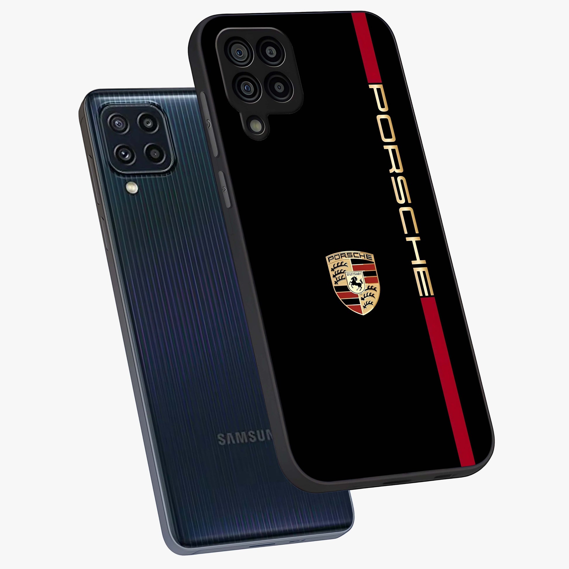 Black Minimal Porsche Glass Case displayed in angled mockup highlighting modern minimal car illustration and clean aesthetic design.