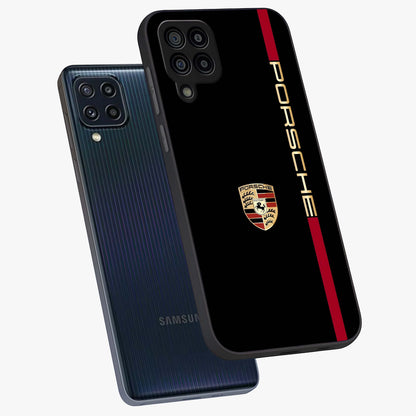 Black Minimal Porsche Glass Case displayed in angled mockup highlighting modern minimal car illustration and clean aesthetic design.
