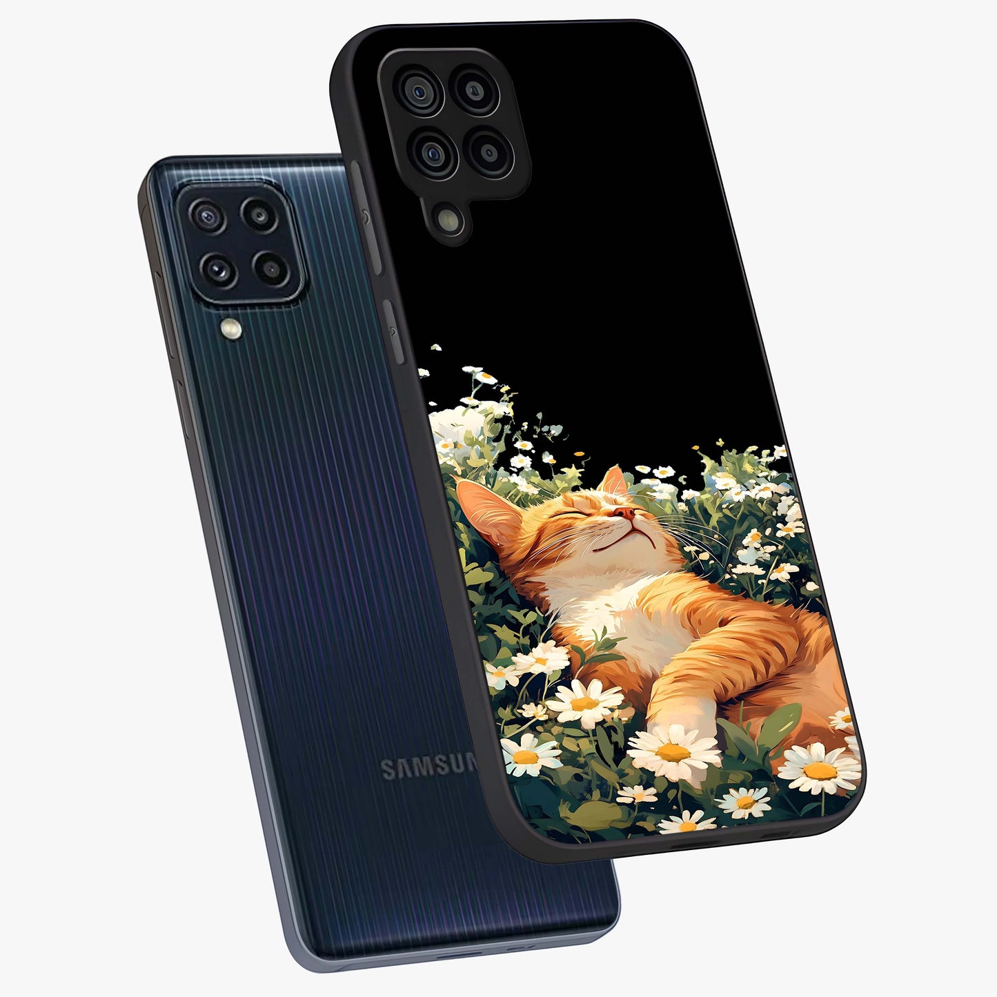 Blissful Bloom Cat Glass Case displayed in angled mockup highlighting playful feline illustration with soft floral aesthetic.