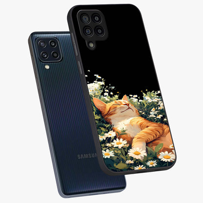 Blissful Bloom Cat Glass Case displayed in angled mockup highlighting playful feline illustration with soft floral aesthetic.
