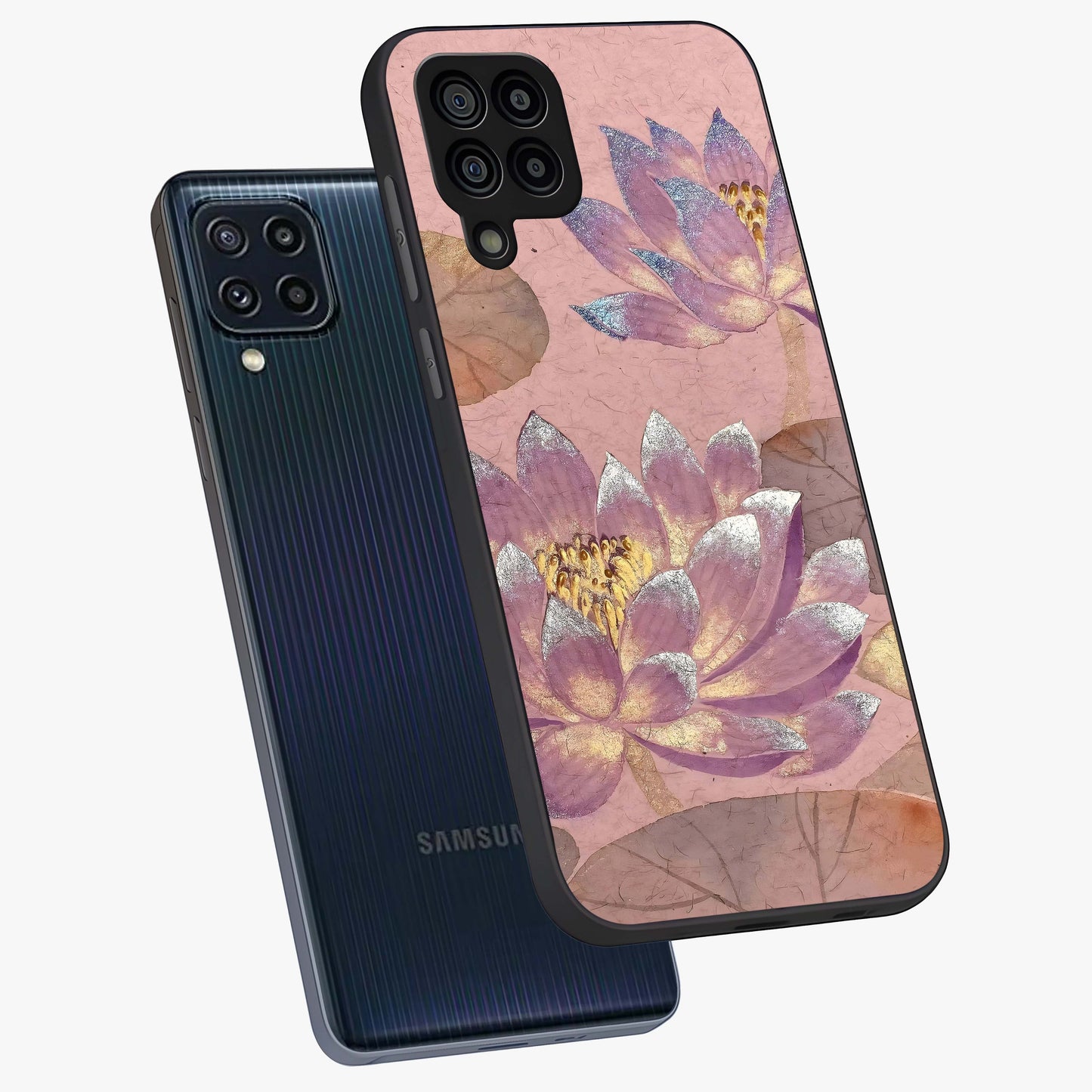 Blossom Mist Lotus Glass Case displayed in angled mockup highlighting delicate lotus illustration with calm aesthetic theme.