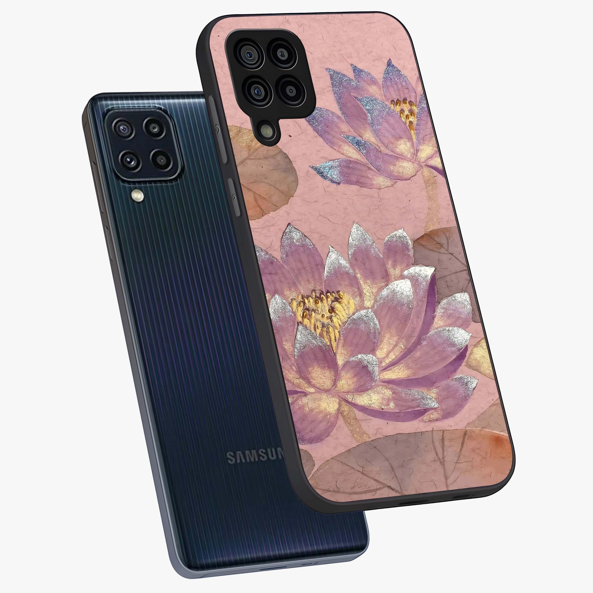 Blossom Mist Lotus Glass Case displayed in angled mockup highlighting delicate lotus illustration with calm aesthetic theme.