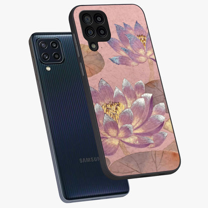 Blossom Mist Lotus Glass Case displayed in angled mockup highlighting delicate lotus illustration with calm aesthetic theme.