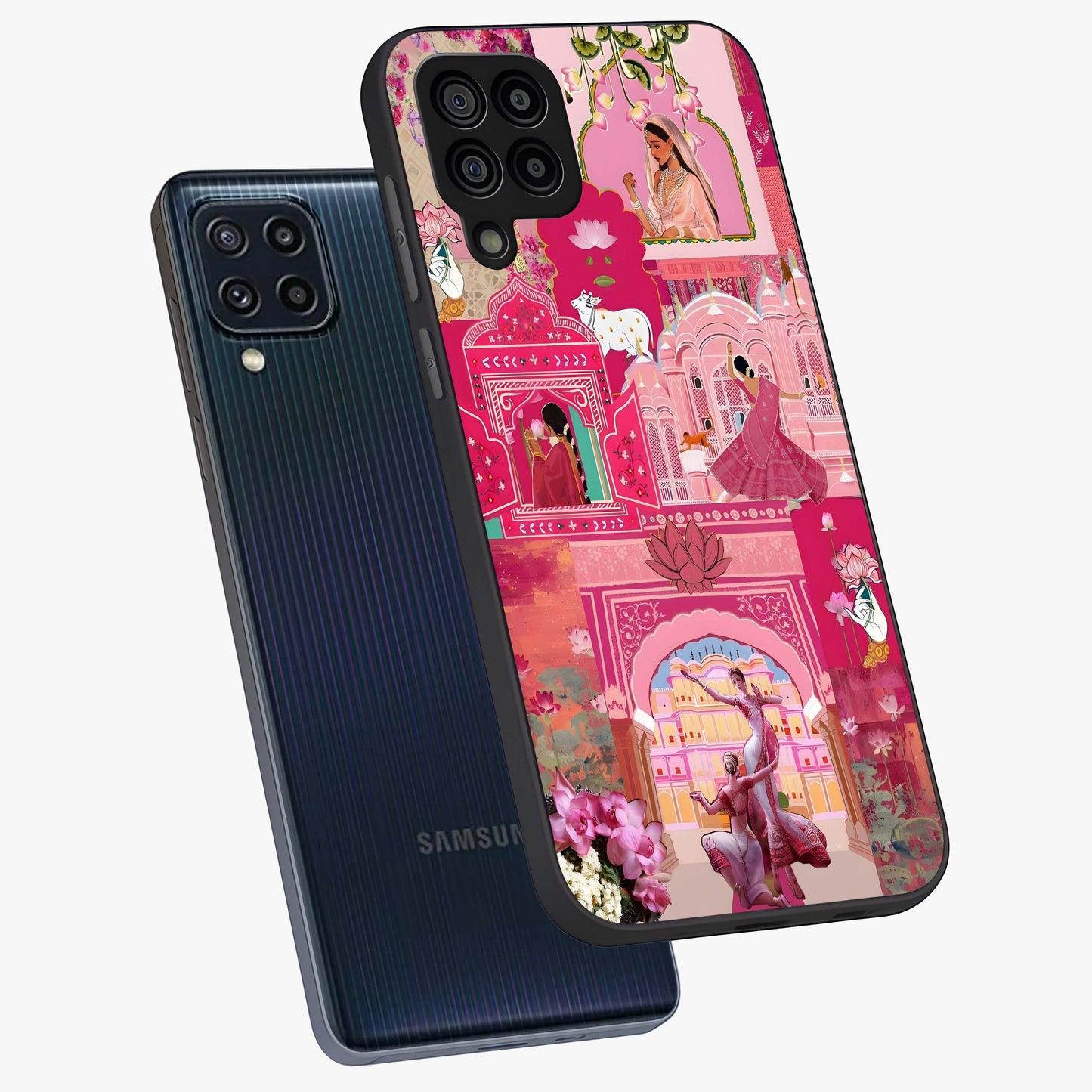 Blossoms of Rajasthan Glass Case displayed in angled mockup highlighting vibrant floral pattern with cultural aesthetic style.