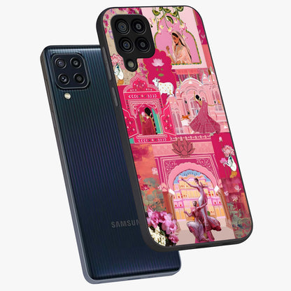 Blossoms of Rajasthan Glass Case displayed in angled mockup highlighting vibrant floral pattern with cultural aesthetic style.