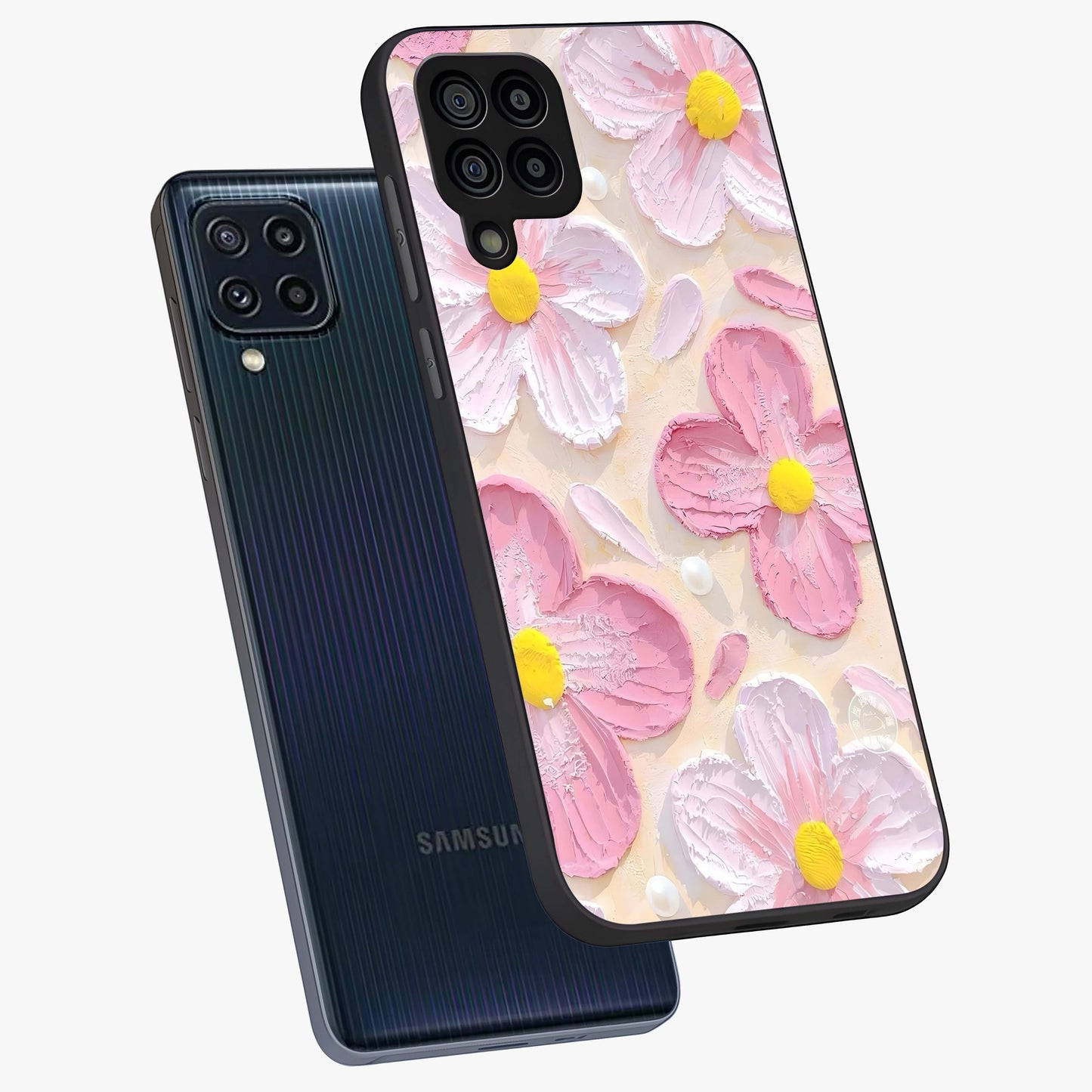 Blush Bloom Texture Glass Case displayed in angled mockup highlighting subtle bloom pattern with aesthetic pastel design.