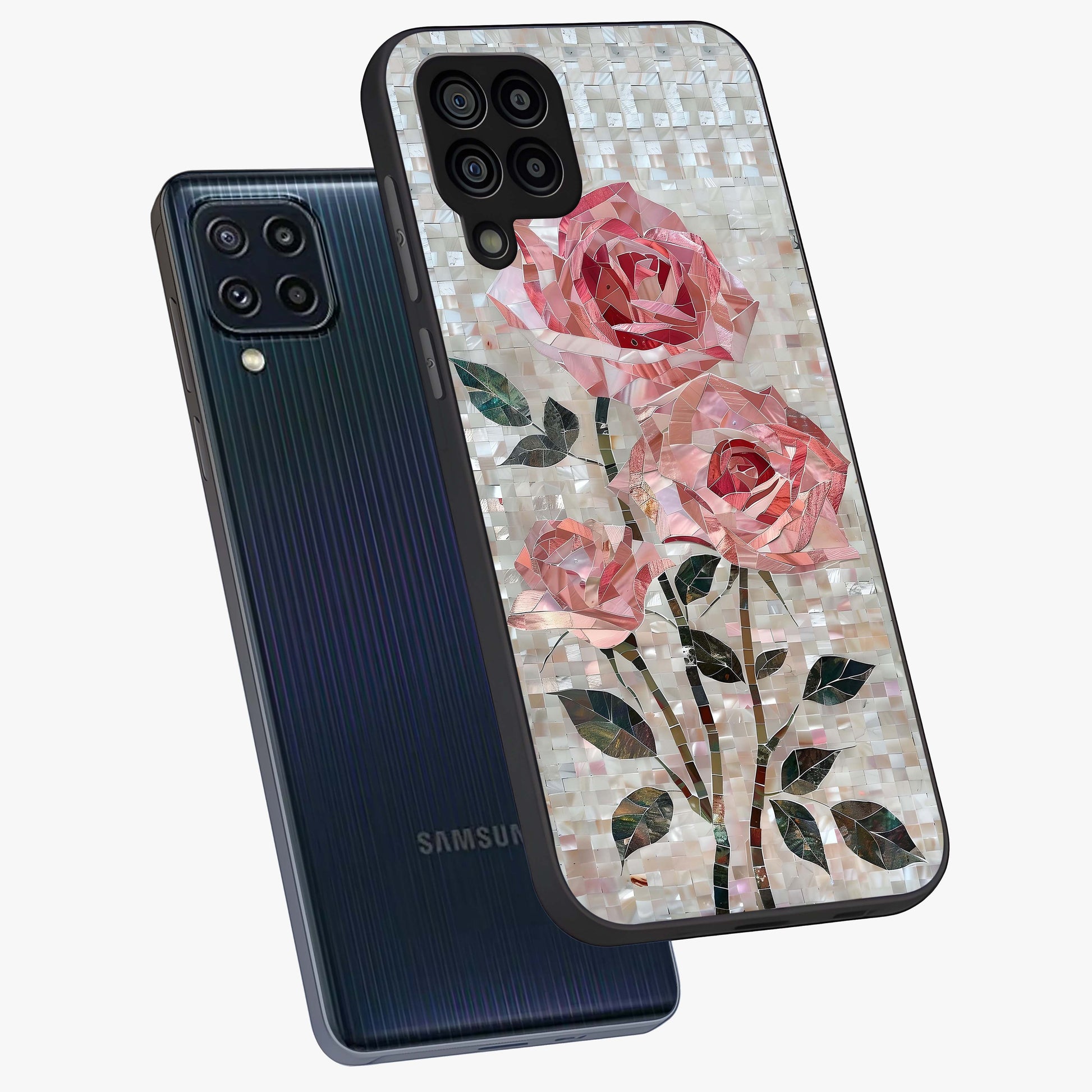Blush Mosaic Bloom Glass Case displayed in angled mockup highlighting artistic mosaic flower pattern with aesthetic design.