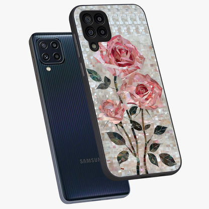 Blush Mosaic Bloom Glass Case displayed in angled mockup highlighting artistic mosaic flower pattern with aesthetic design.